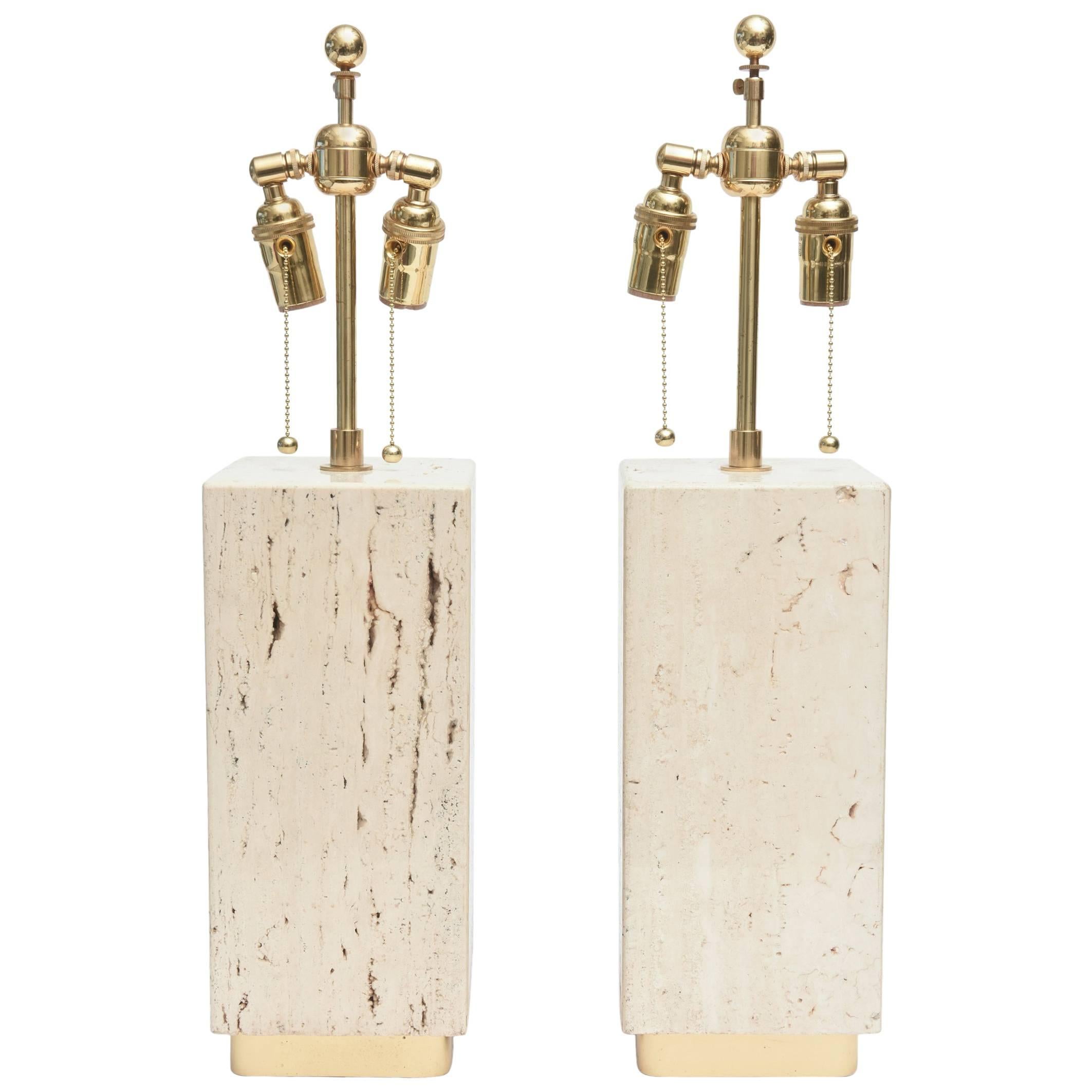 Pair of Vintage Travertine and Brass Lamps
