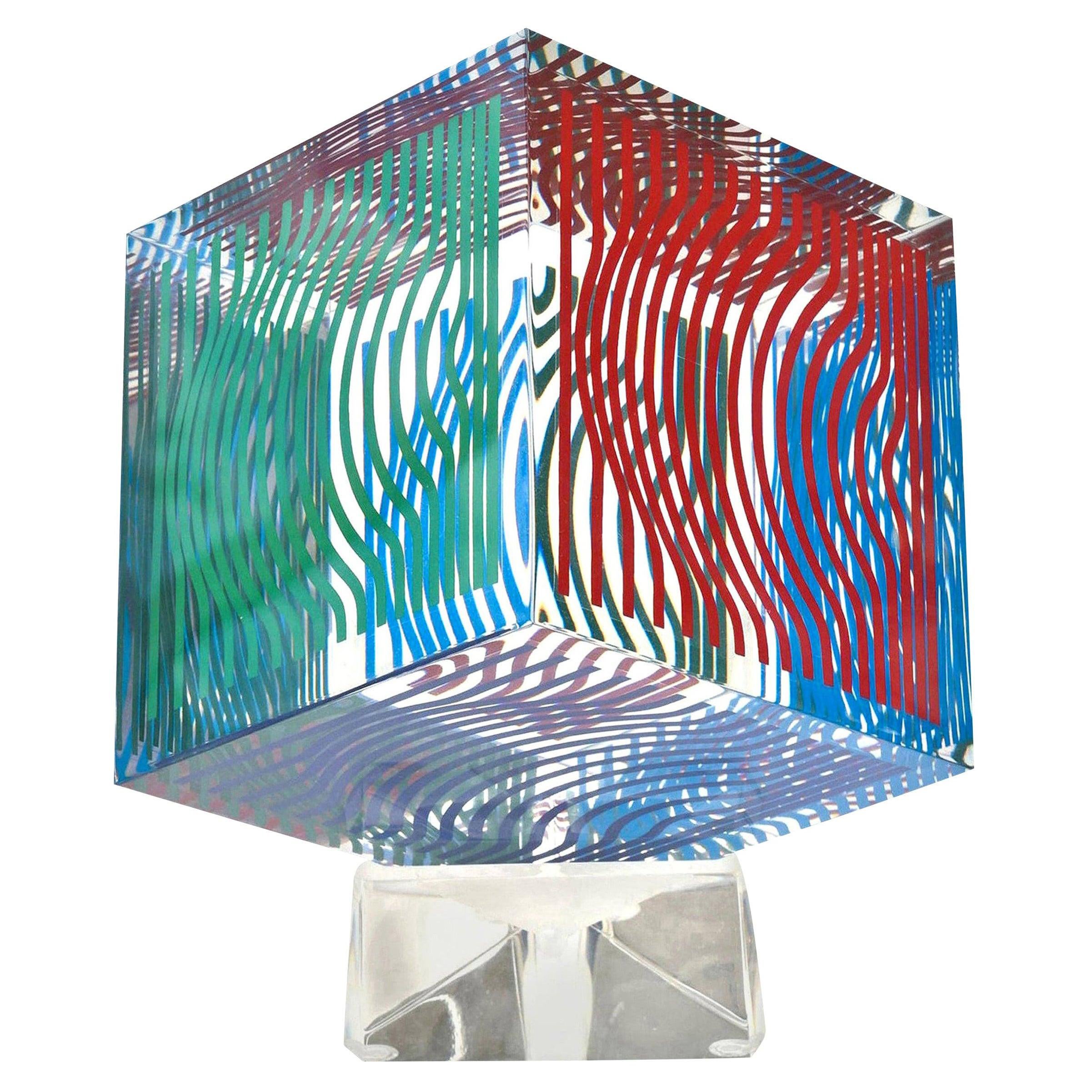 Victor Vasarely Vintage Op Art Cubo acrílico Escultura gráfica Accesorio de escritorio
