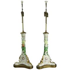 Pair of Antique Meissen School Hand Painted Foliate Porcelain Table Lamps