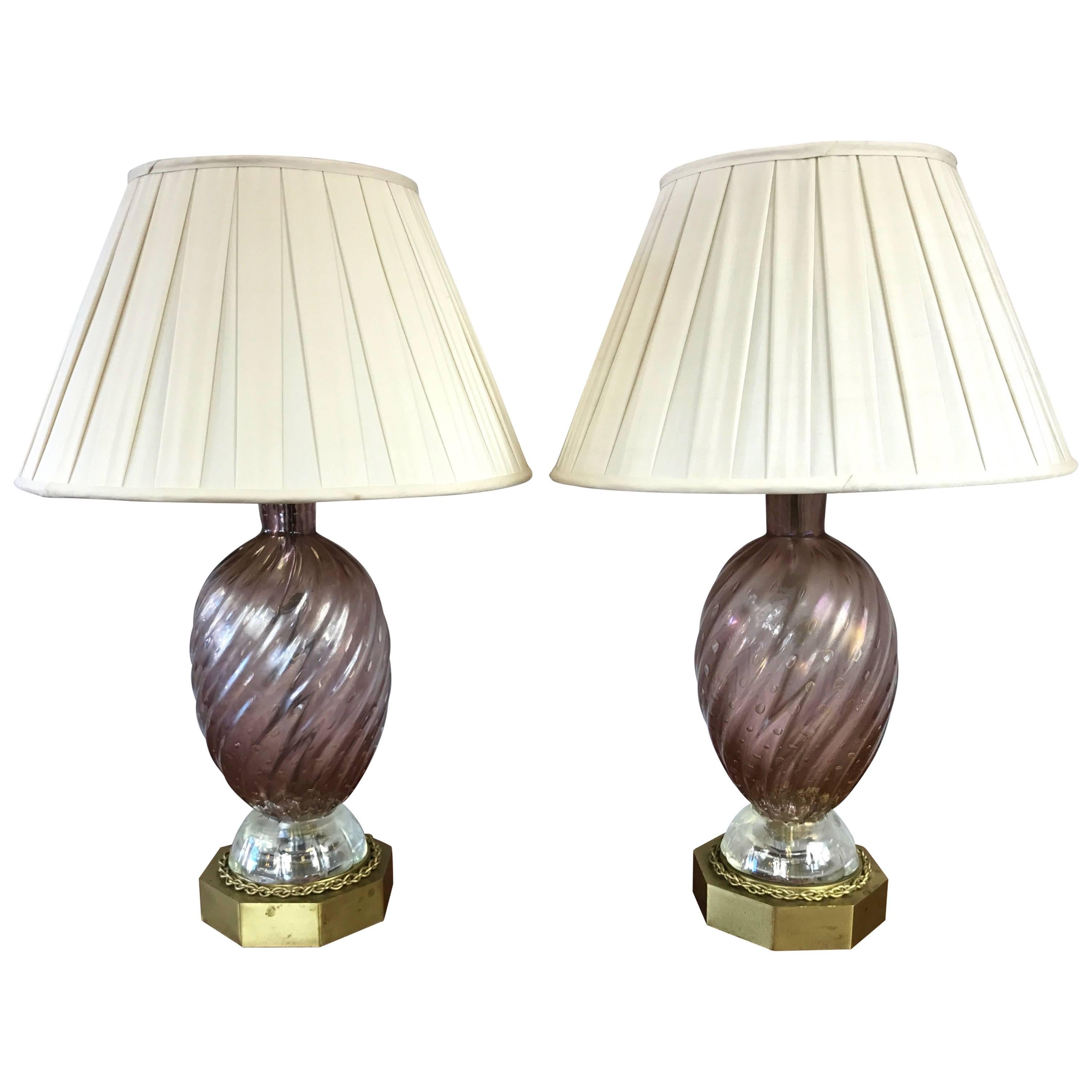 Pair of Barovier e Toso Murano Glass and Brass Table Lamps For Sale
