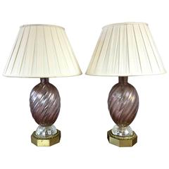 Pair of Barovier e Toso Murano Glass and Brass Table Lamps 3