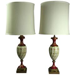 Pair of Antique Hand-Painted & Gilt Porcelain with Bronze Sèvres Urn Table Lamps
