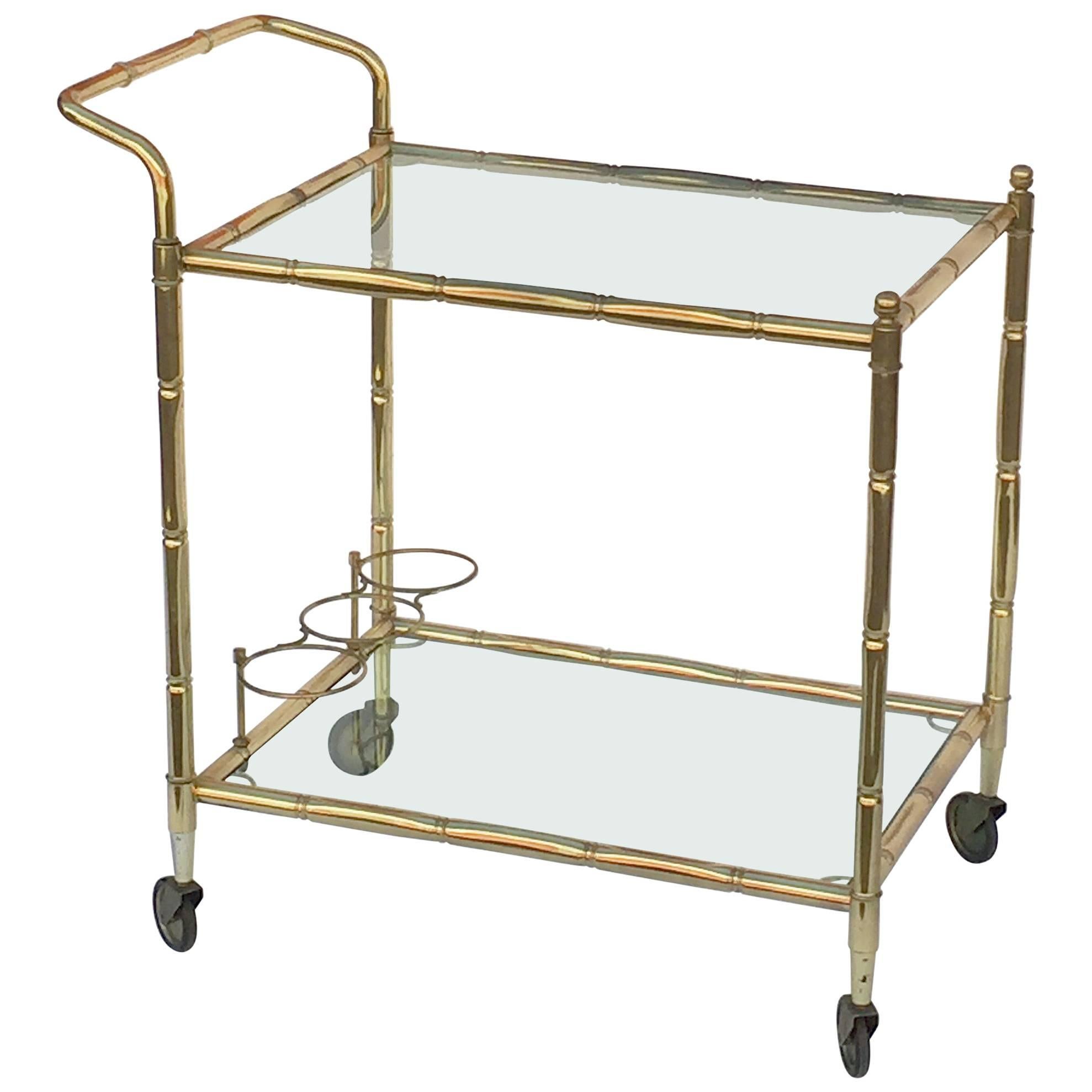 French Drinks Cart of Brass with Tinted Glass
