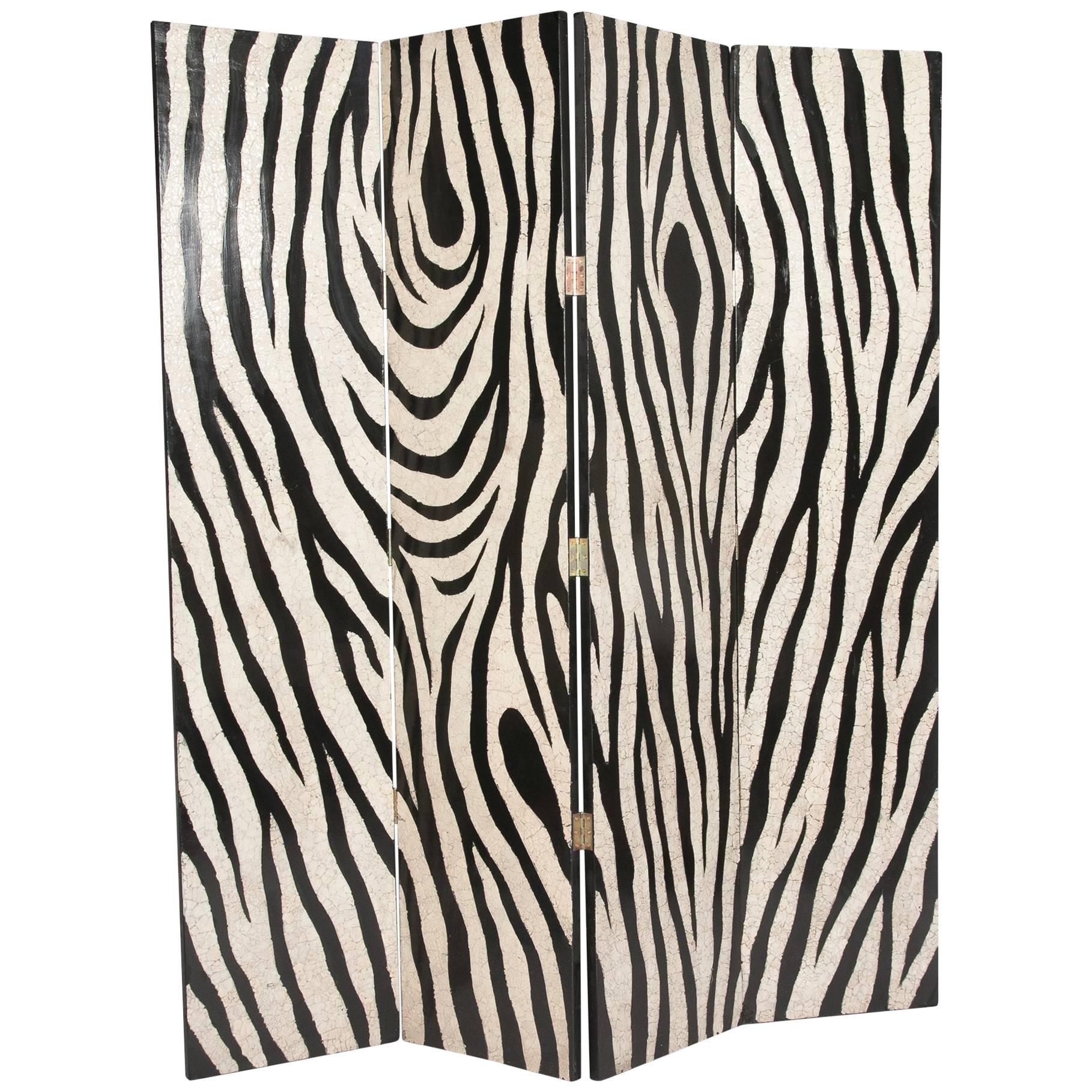 Eggshell and Lacquer Zebra Pattern Four-Panel Folding Screen For Sale