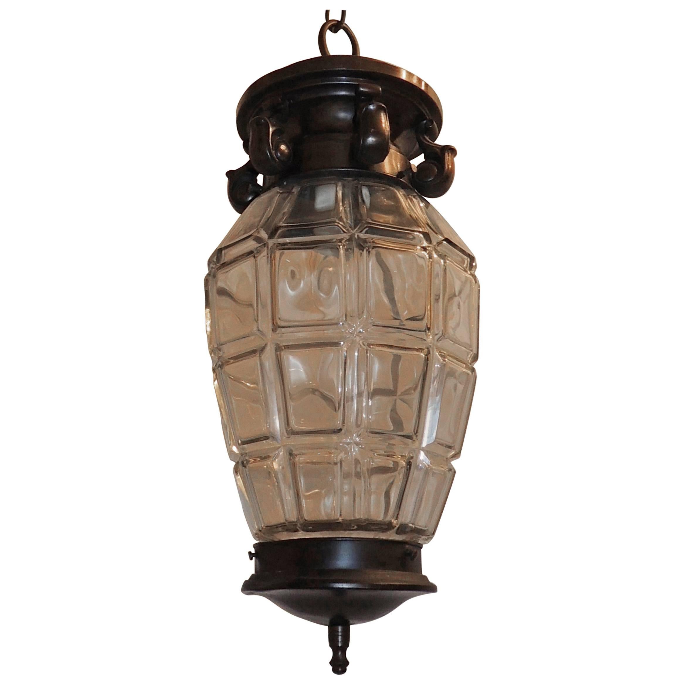Handsome French Patine Bronze Beveled Panel Glass Lantern Pendent Fixture For Sale