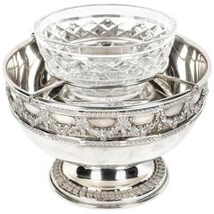 Antique English Silver Plate with Cut Crystal Bowl Caviar Dish