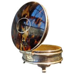 Antique Sterling Silver and Tortoise Shell Round Box, circa 1925