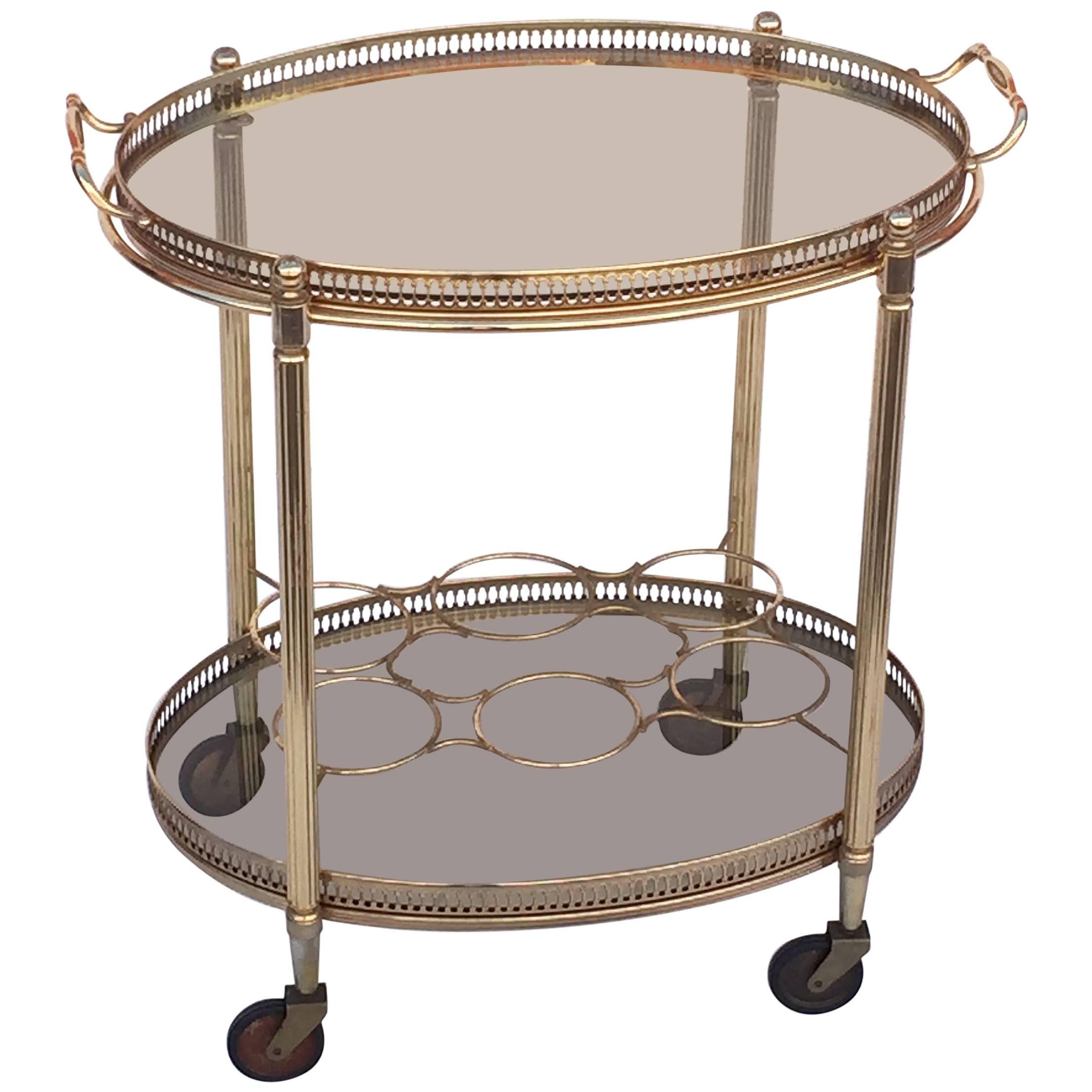 French Oval Drinks Cart of Brass and Smoked Glass with Serving Tray Top