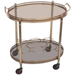 French Oval Drinks Cart of Brass and Smoked Glass with Serving Tray Top 3