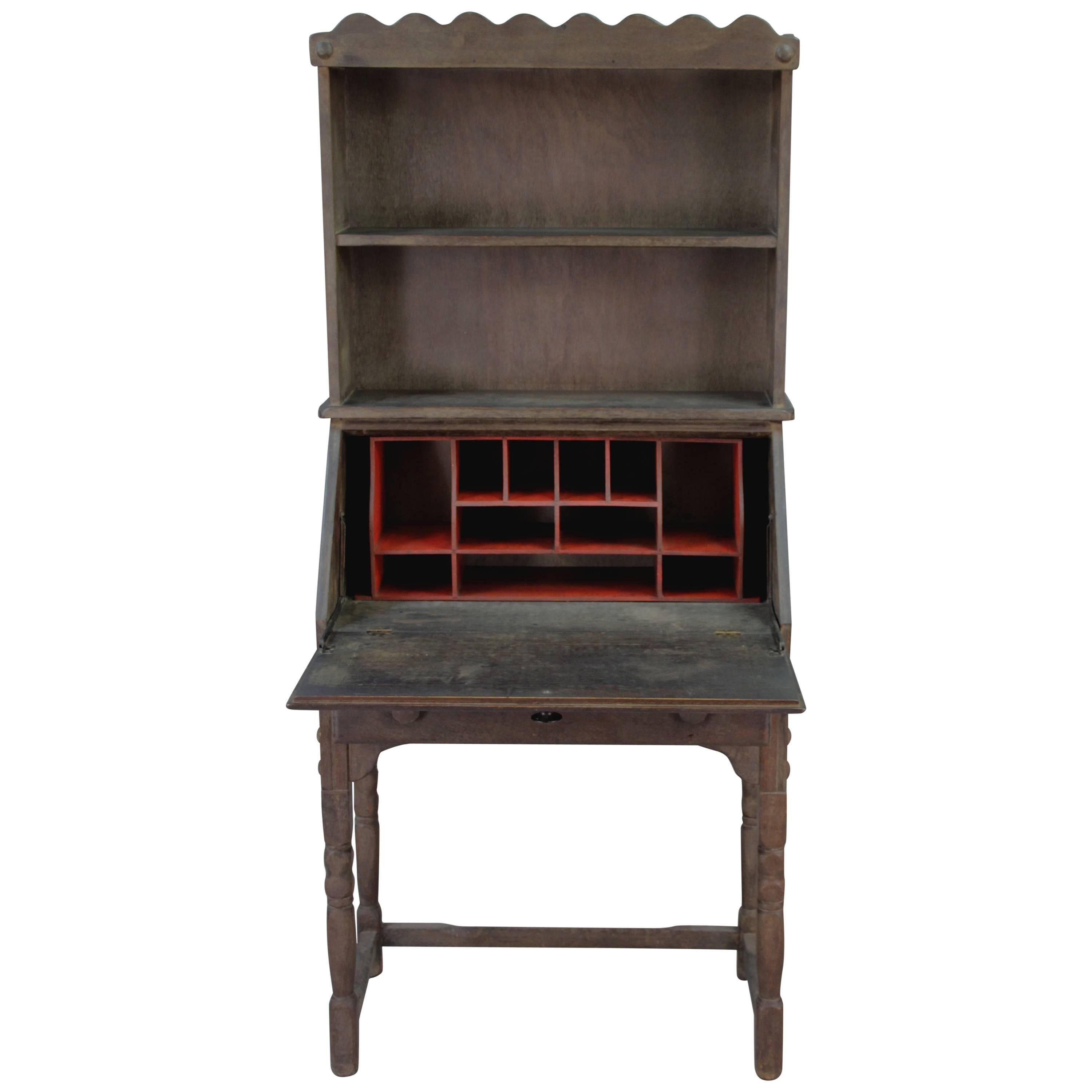 1930s Red and Old Wood Finish Monterey Hutch with Fold Down Desk