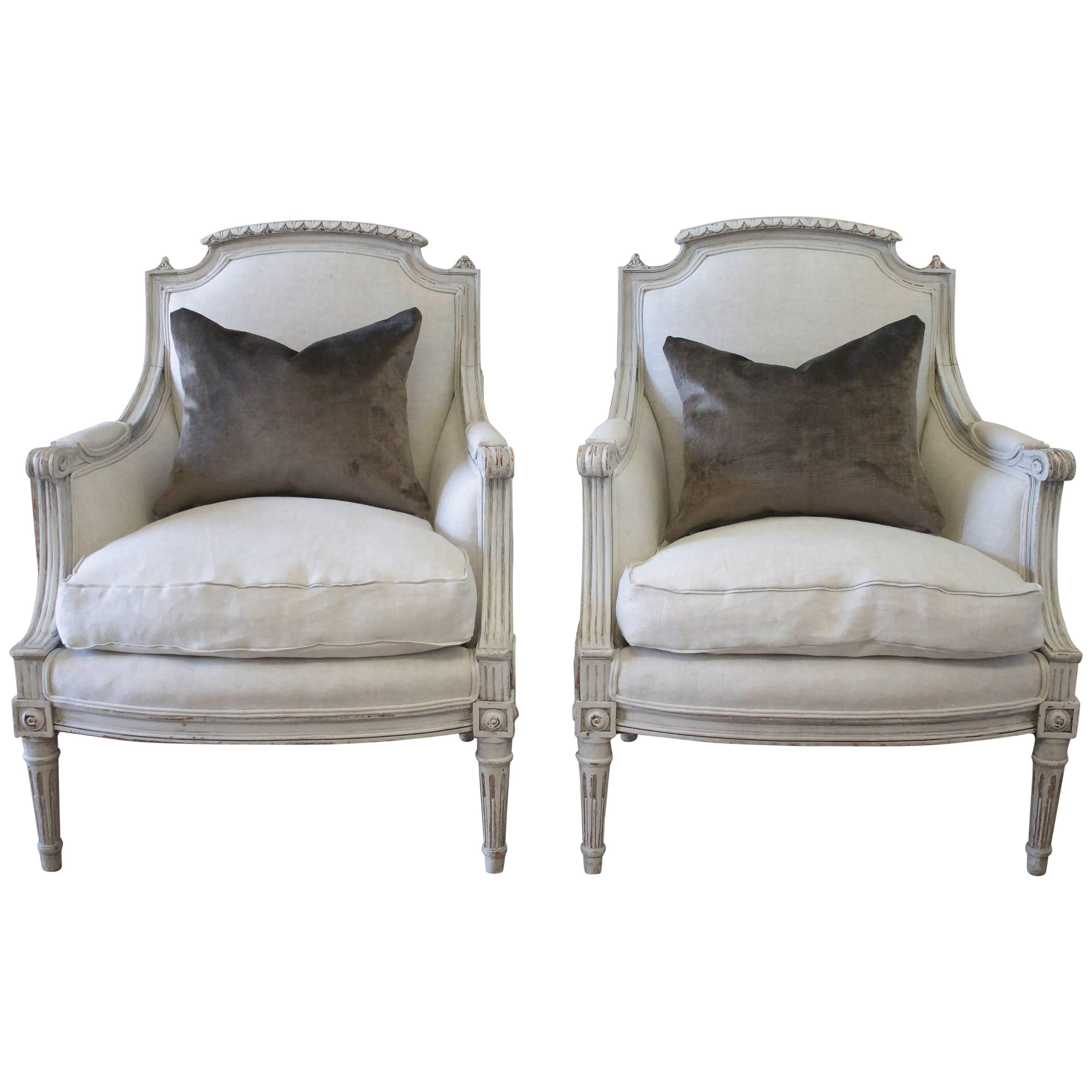 Pair of Louis XVI Style Painted and Upholstered Bergere Chairs