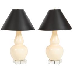 Pair of Cream Glazed Gourd Vase Lamps with Lucite Square Base