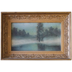 Huile sur toile ancienne du début du XXe siècle représentant un paysage fluvial, dans un cadre en bois doré