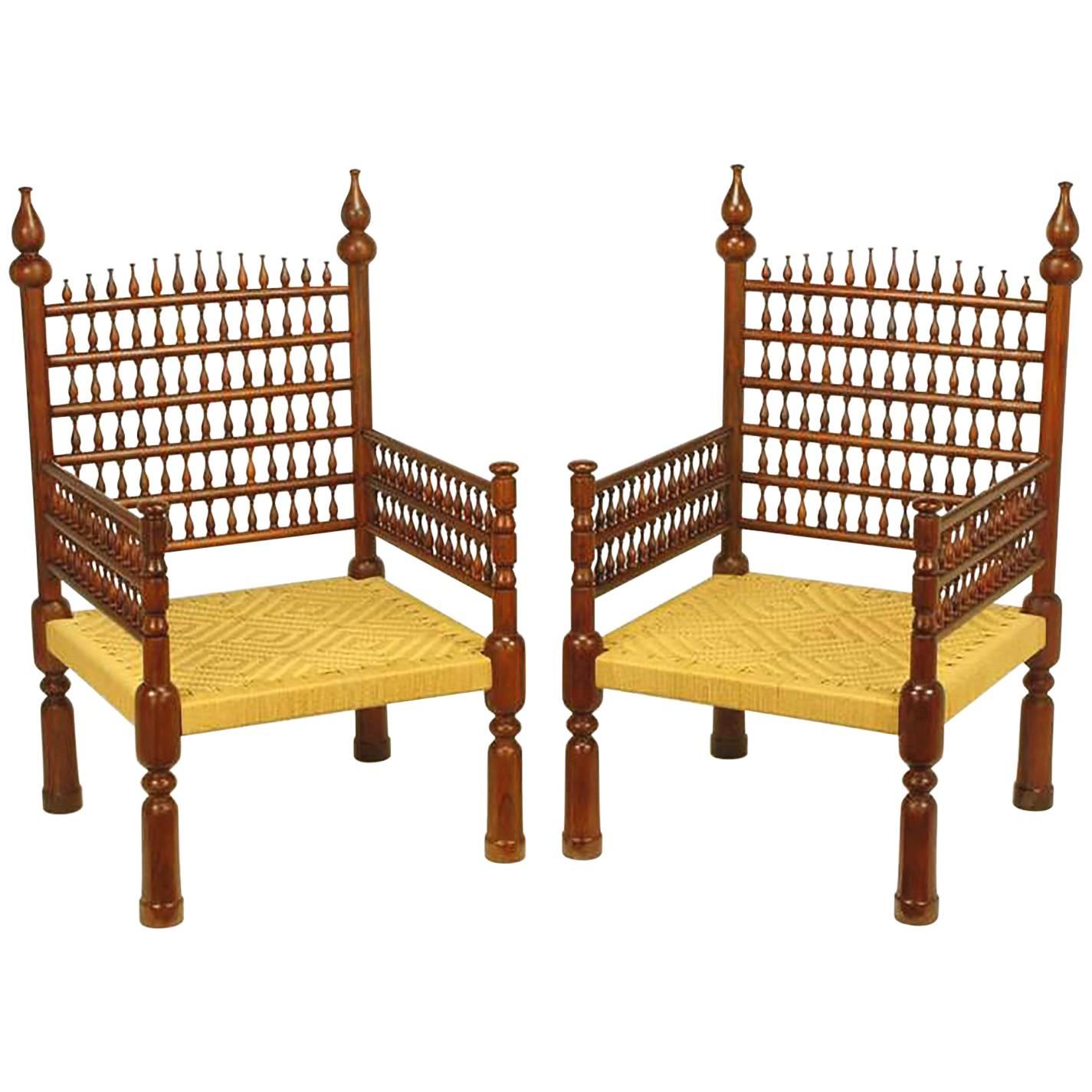 Pair of Grand Scale Moroccan Teak Open Fretwork and Rush Armchairs