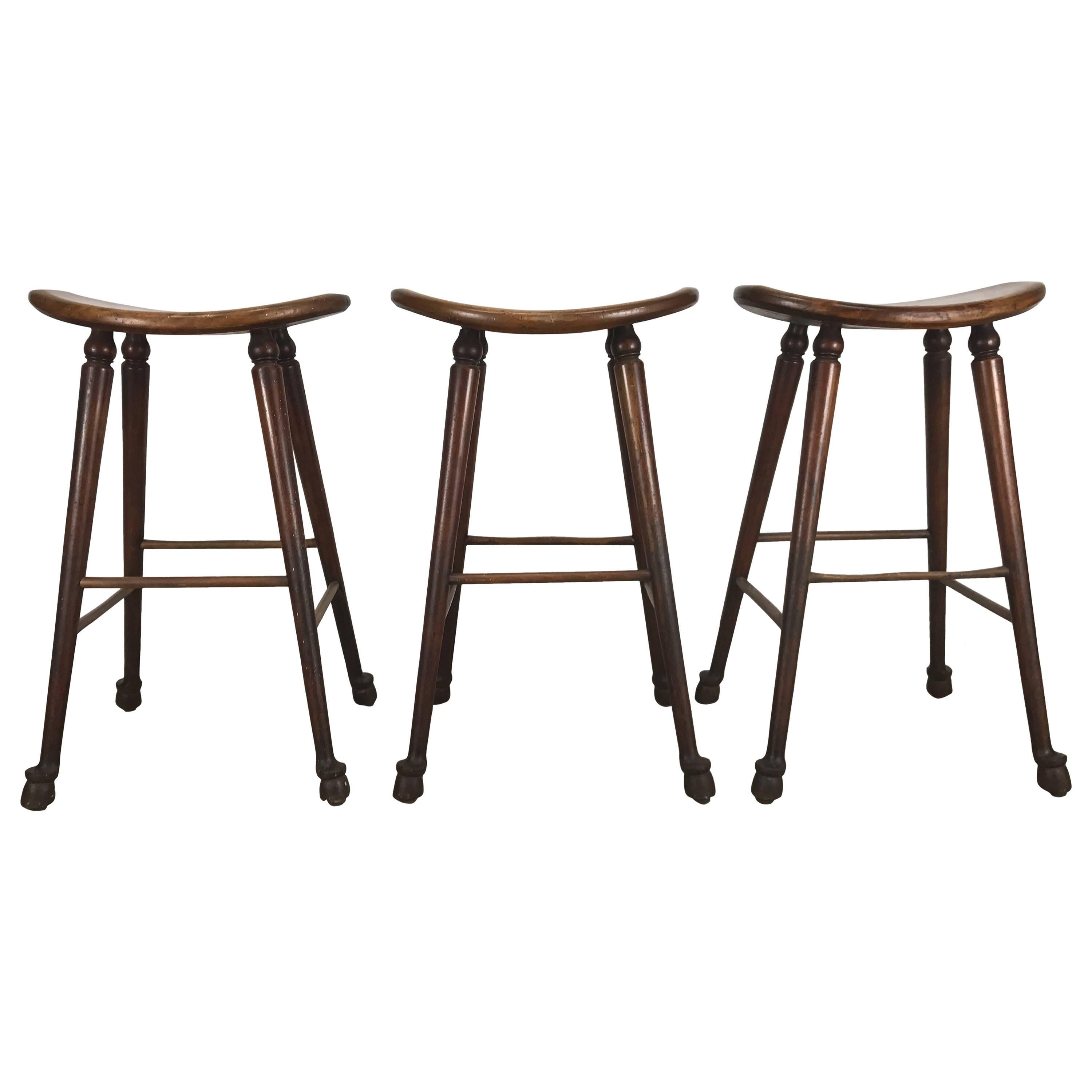 Unusual Set of Three Antique Hooved Saloon Stools Bar or Counter Cowboy Modern