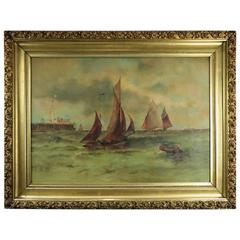 Antique Oil on Canvas Painting of Maritime Seascape, Venetian Harbor, circa 1890