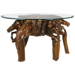 Vintage Incredible Equine Carved Wood Coffee Table