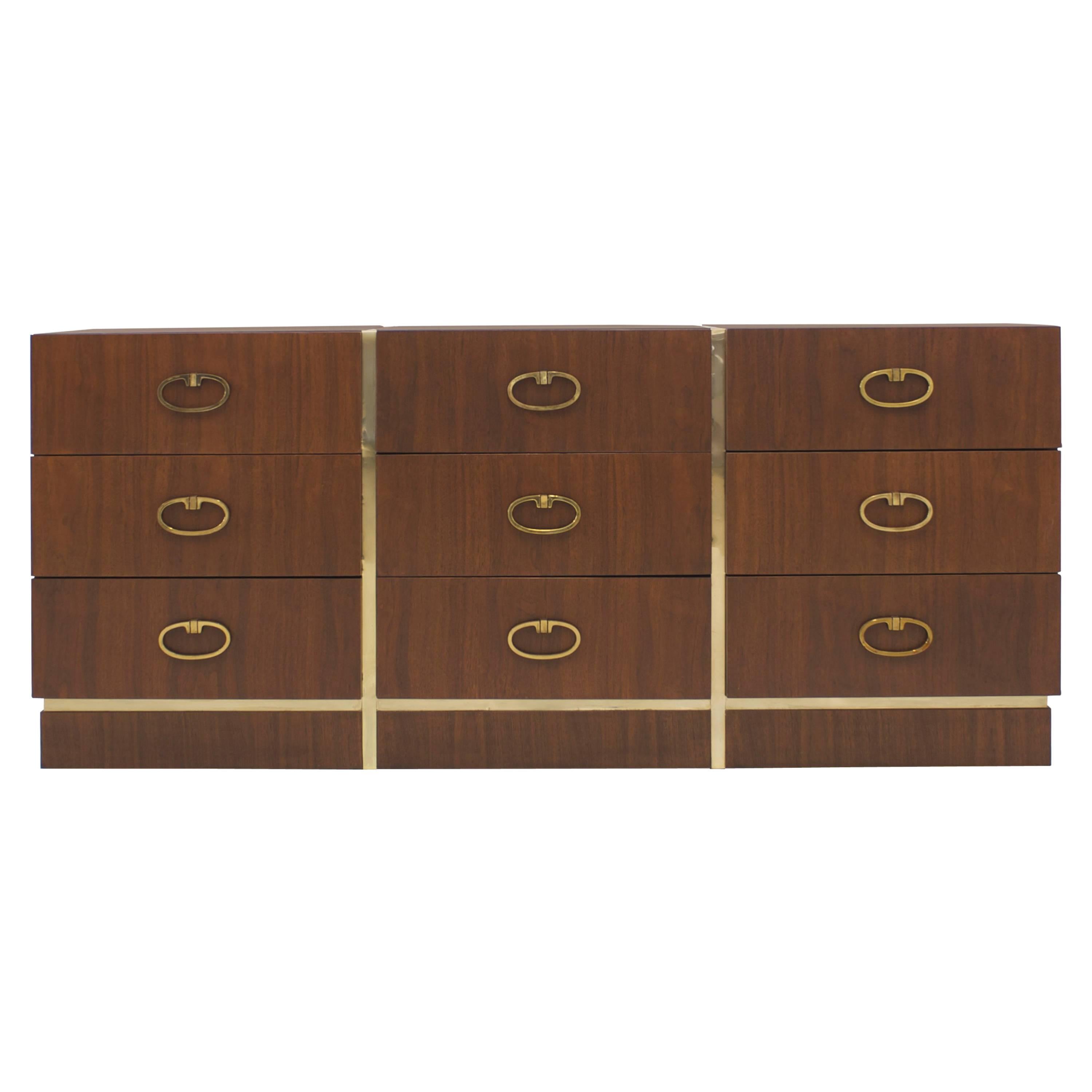 Walnut Dresser by Founders with Brass Accents and Hardware For Sale