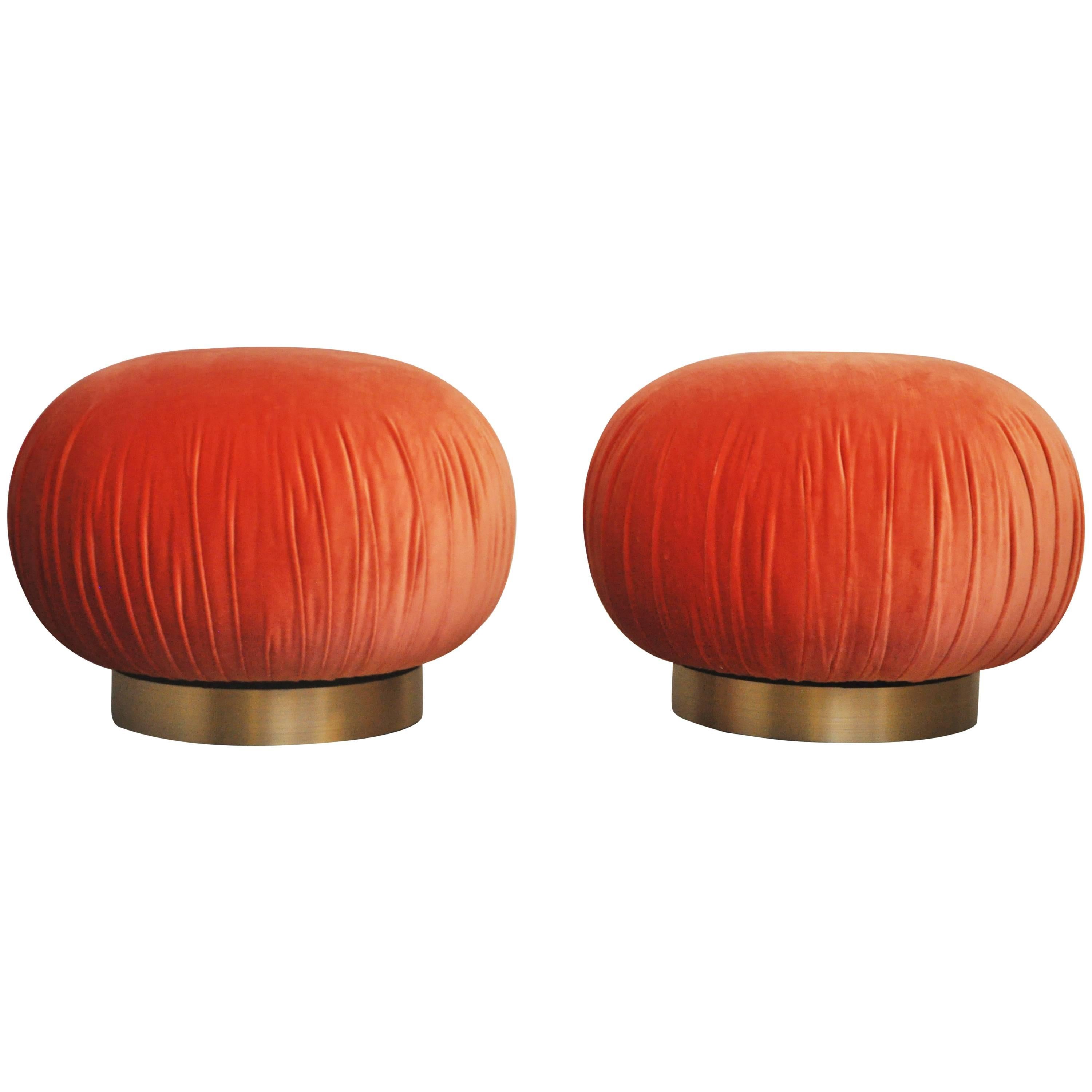 Pair of Adrian Pearsall Swivel Pouf Ottomans on Brushed Brass Bases