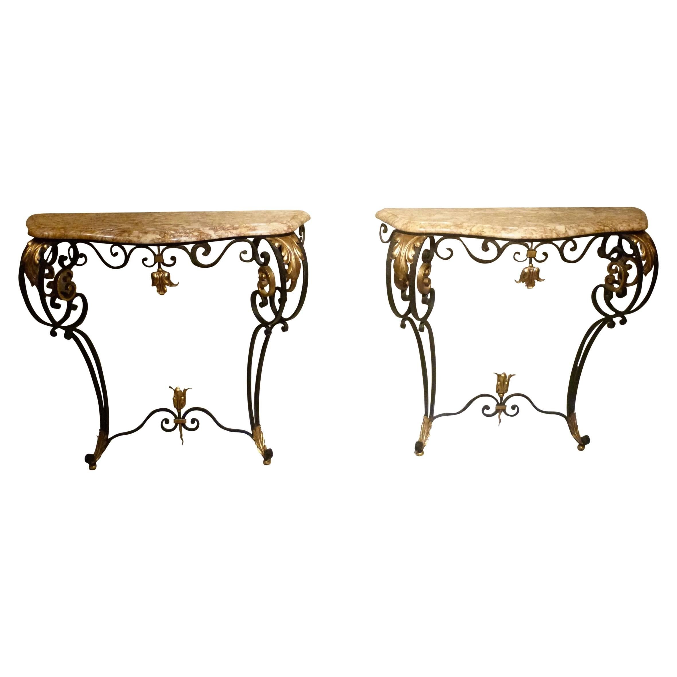 Pair of 20th Century French Wrought Iron Console Tables For Sale