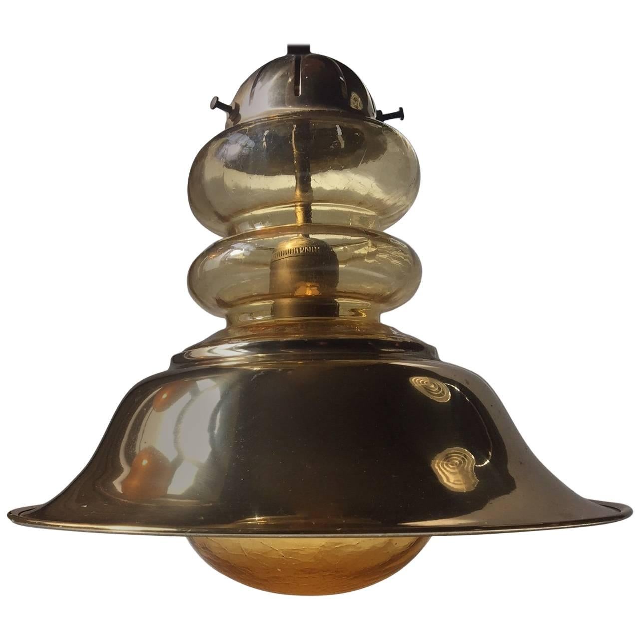 Nautical Mid-Century Brass and Glass Ceiling Light by Vitrika, Denmark, 1960s