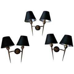 Vintage Set of Three Mid-Century Modern 2 arm Bronze Sconces by Lunel, France