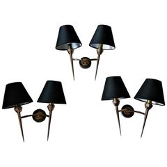 Set of Three Mid-Century Modern 2 arm Bronze Sconces by Lunel, France 4