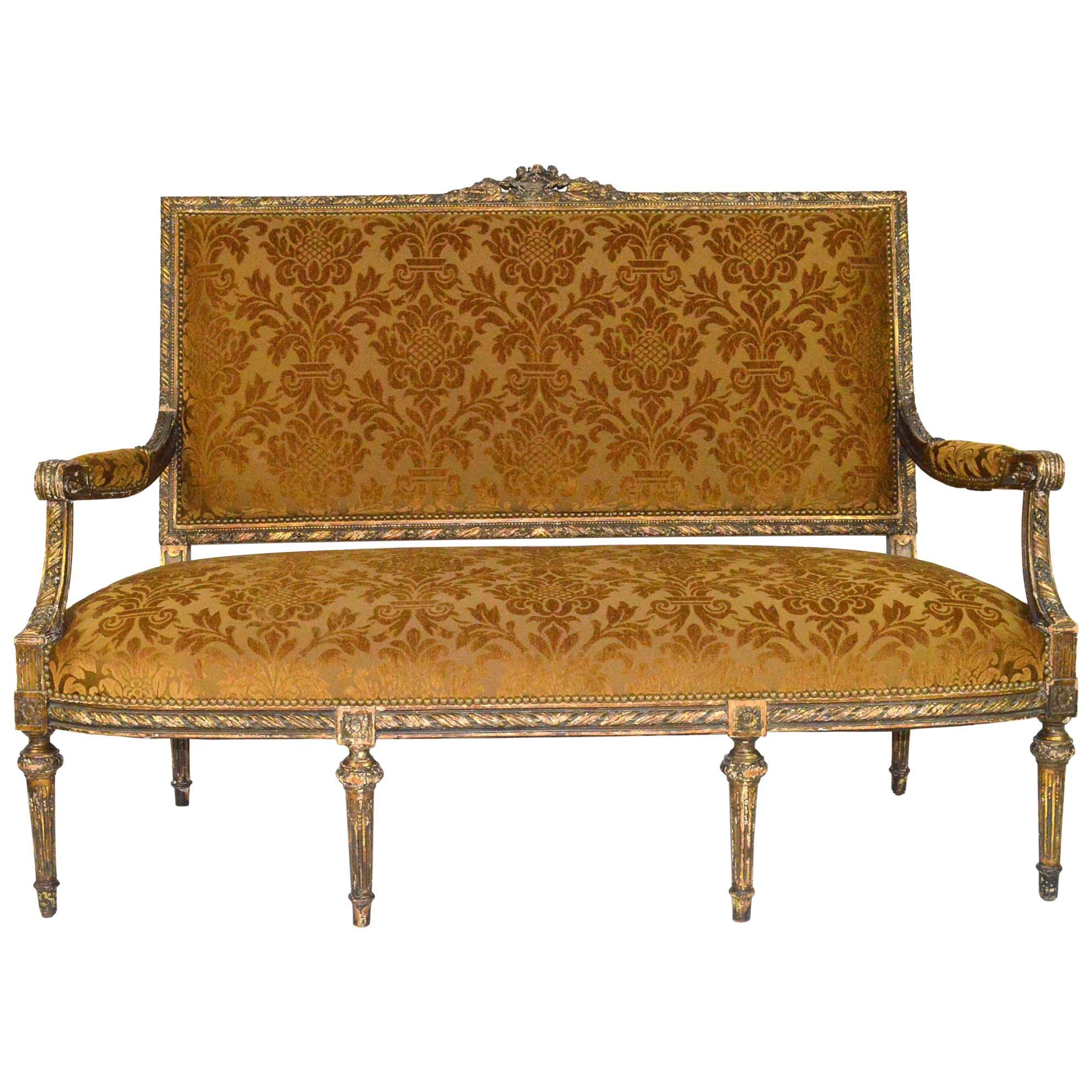 19th Century French Louis XVI Style Carved Painted Gilt Settee For Sale