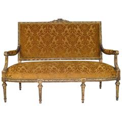 19th Century French Louis XVI Style Carved Painted Gilt Settee