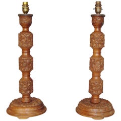 Antique Early 20th Century Pair of Indian Carved Walnut Table Lamps