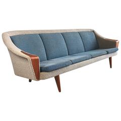 1970s Danish Mid-Century Four-Seat Beige and Blue Sofa with Teak Paws
