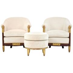 Antique Pair of French Art Deco Barrel Back Chairs and Ottoman Attributed to Paul Follot