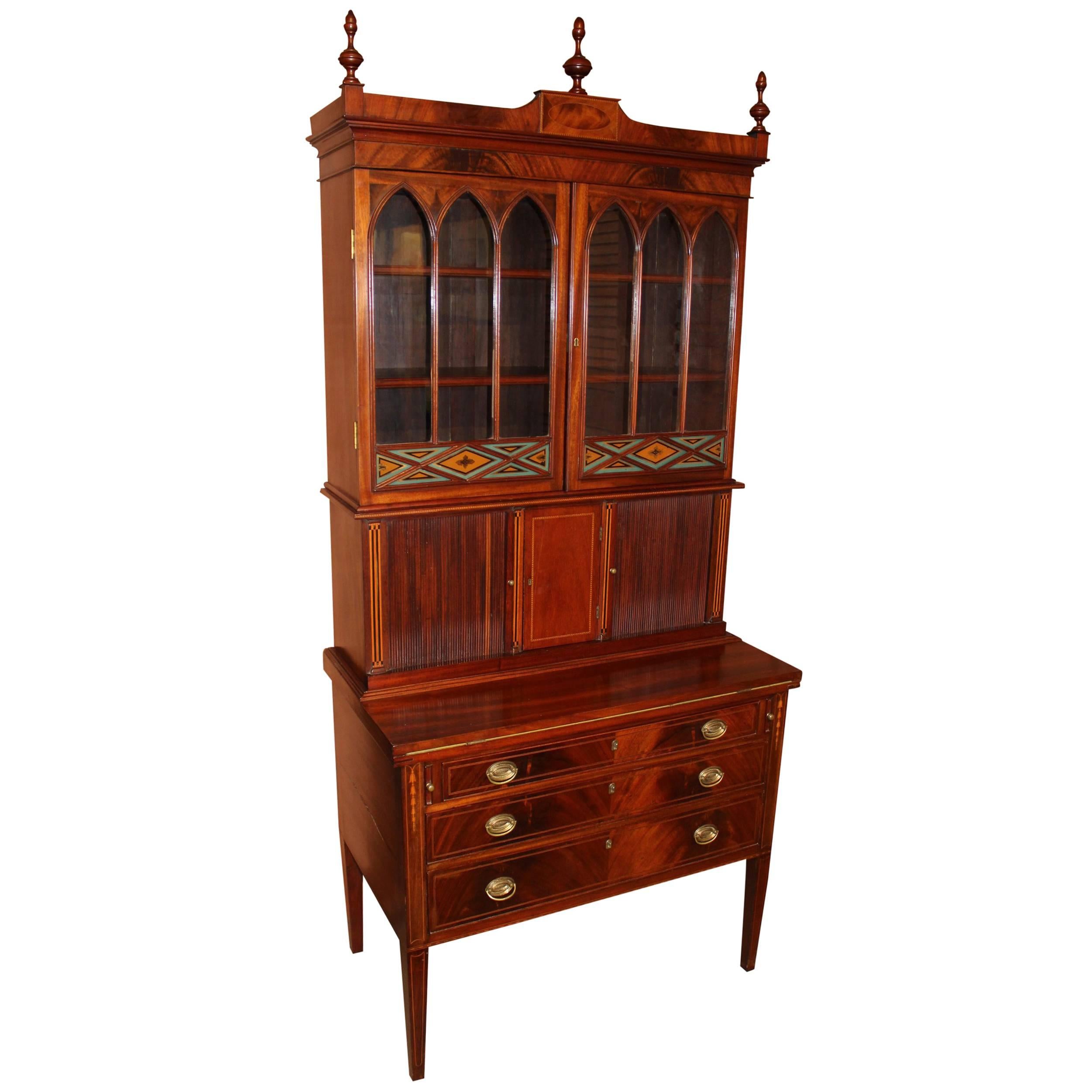 Massachusetts Federal Three Part Mahogany Secretary with Églomisé