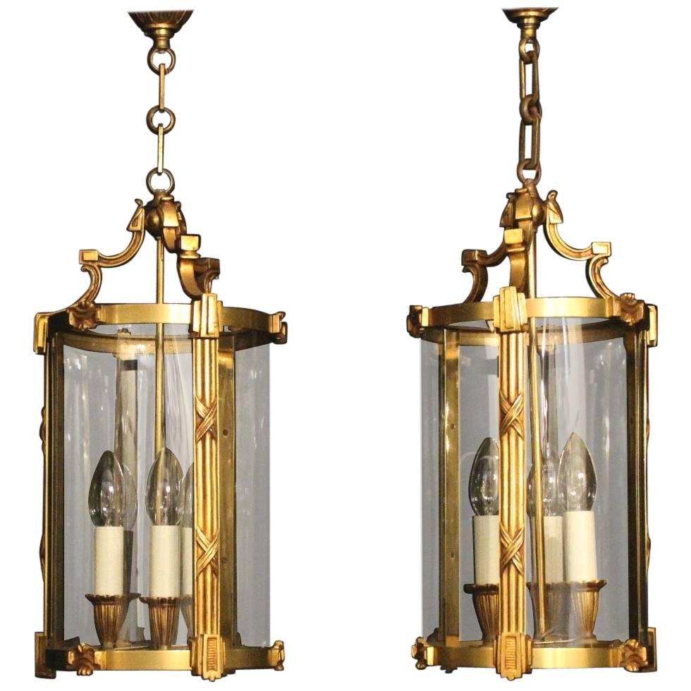French Pair of Gilded Bronze Antique Lanterns
