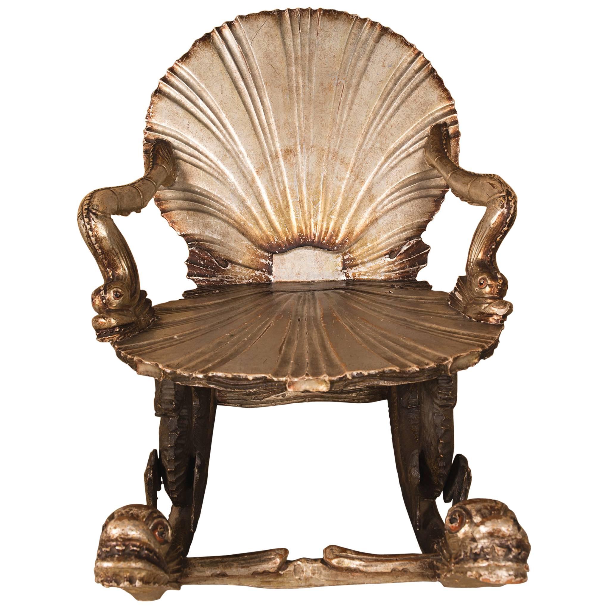 Grotto Rocking Chair Open Scallop of Lacquered Silver Leaf, Venetian, circa 1900 For Sale
