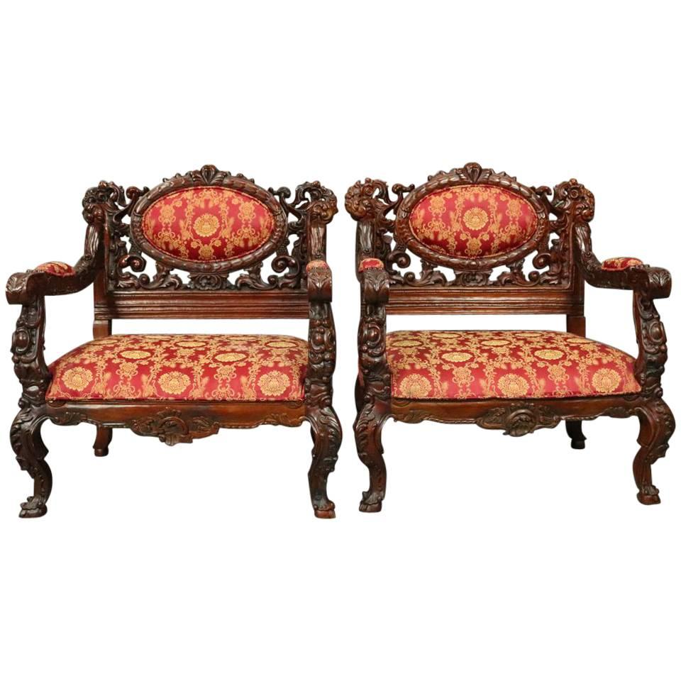 Pair of 20th Century Heavily Carved Mahogany Karpen School Baroque Style Chairs