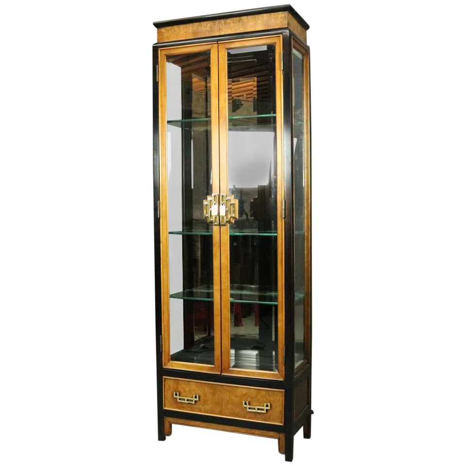 Vintage Japanese Style Burl Ebonized And Beveled Glass Curio