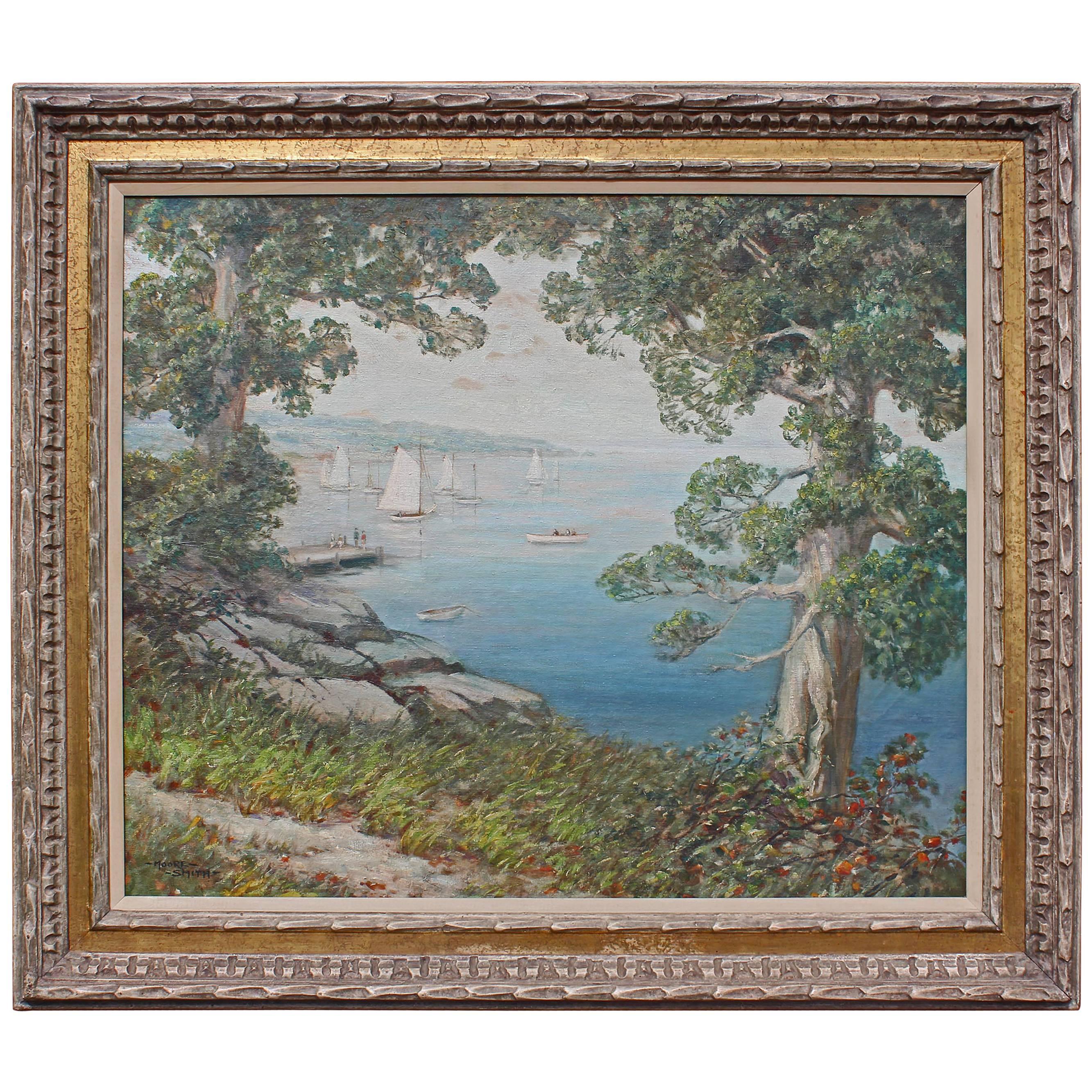 Summer on long island sound, large oil painting. Painted by Moore Smith (Connecticut 1890-). Painted circa 1920s. Oil on canvas. In original carved and gilt frame.