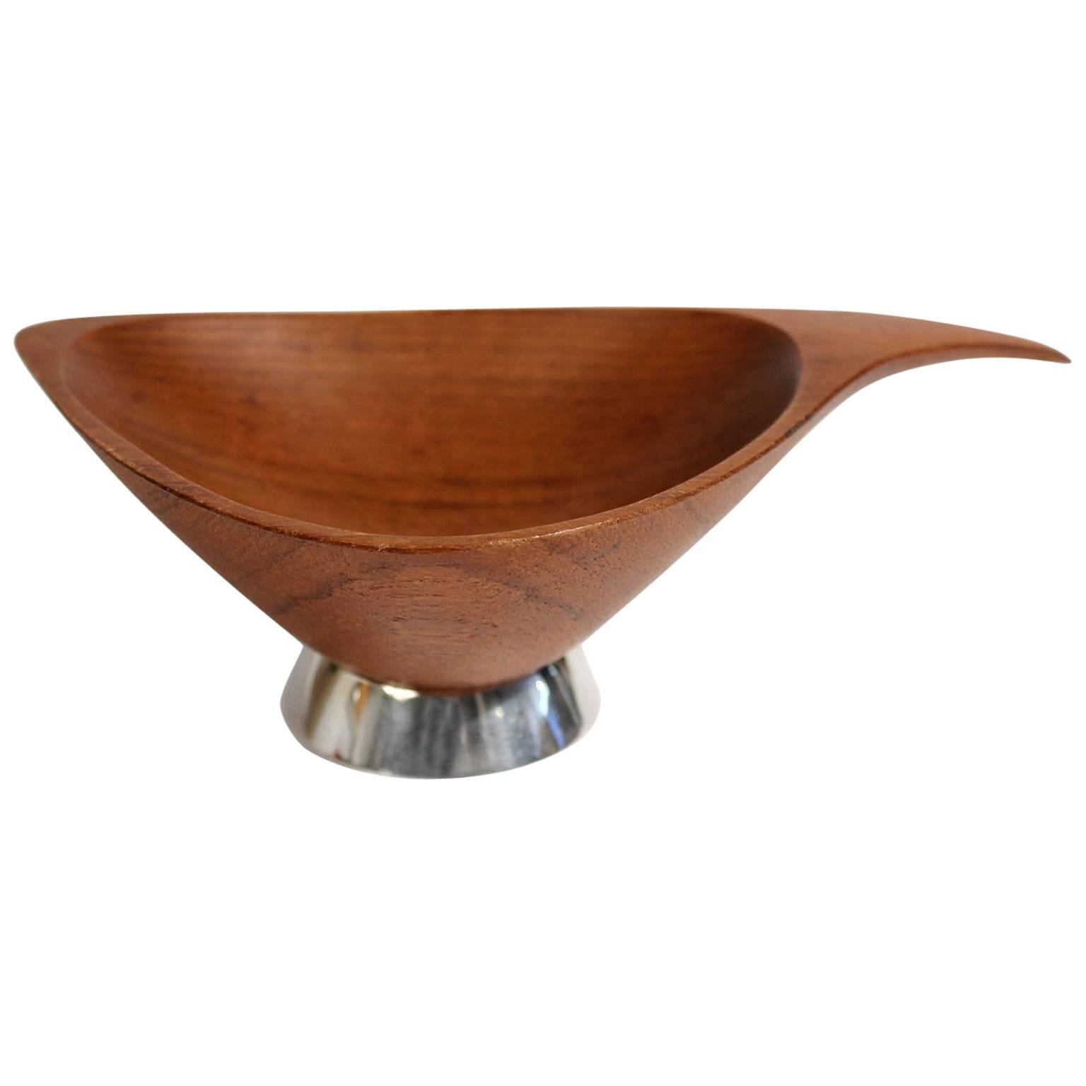 Emil Milan Hand Carved Sculptural Teak Wood Bowl with Sterling Silver Base