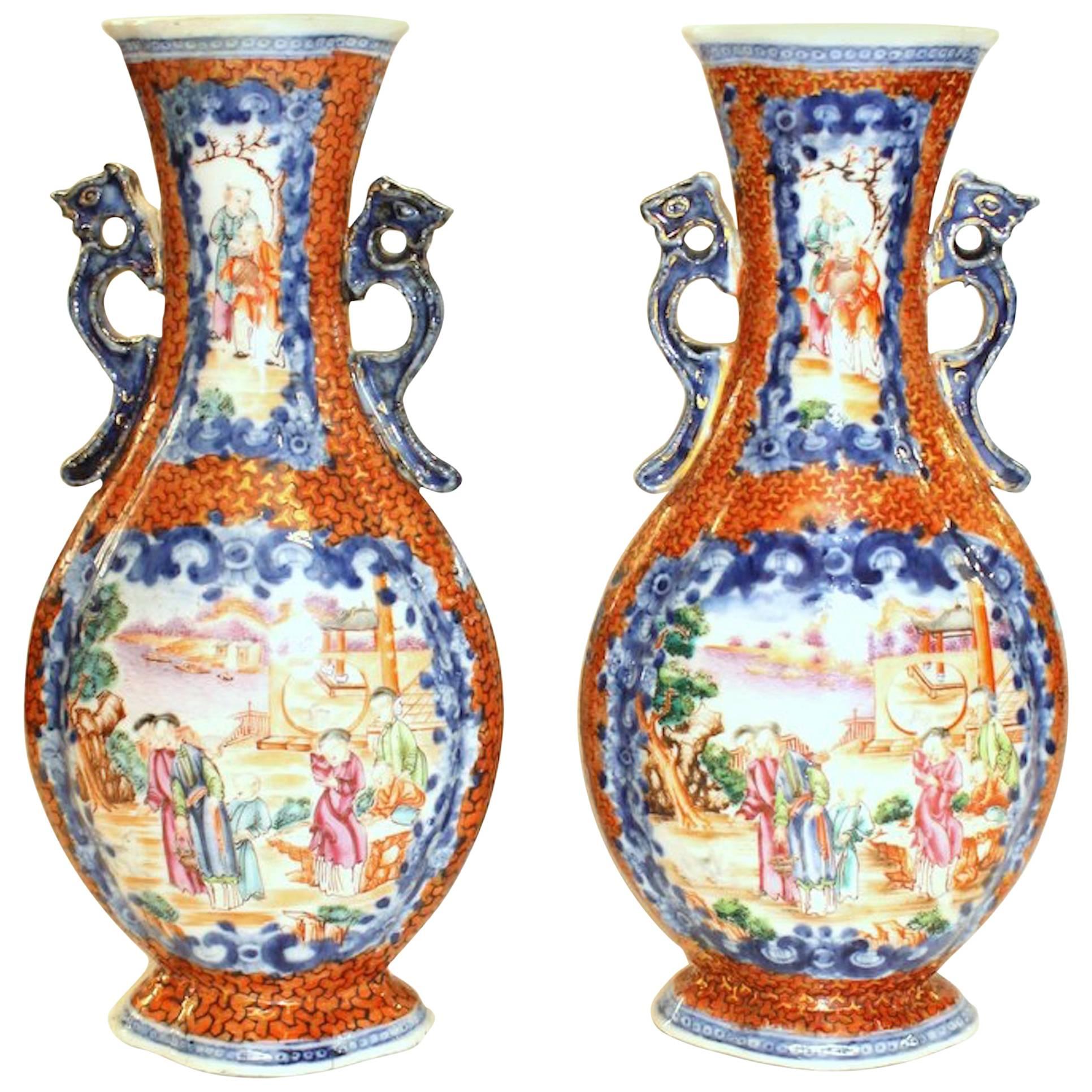 Pair of Antique Chinese Export Qianlong Period Mandarin "Famille Rose" Vases