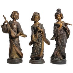 Japanese Geisha Girl, Cold Paint Art Sculptures Figurines Set of Three