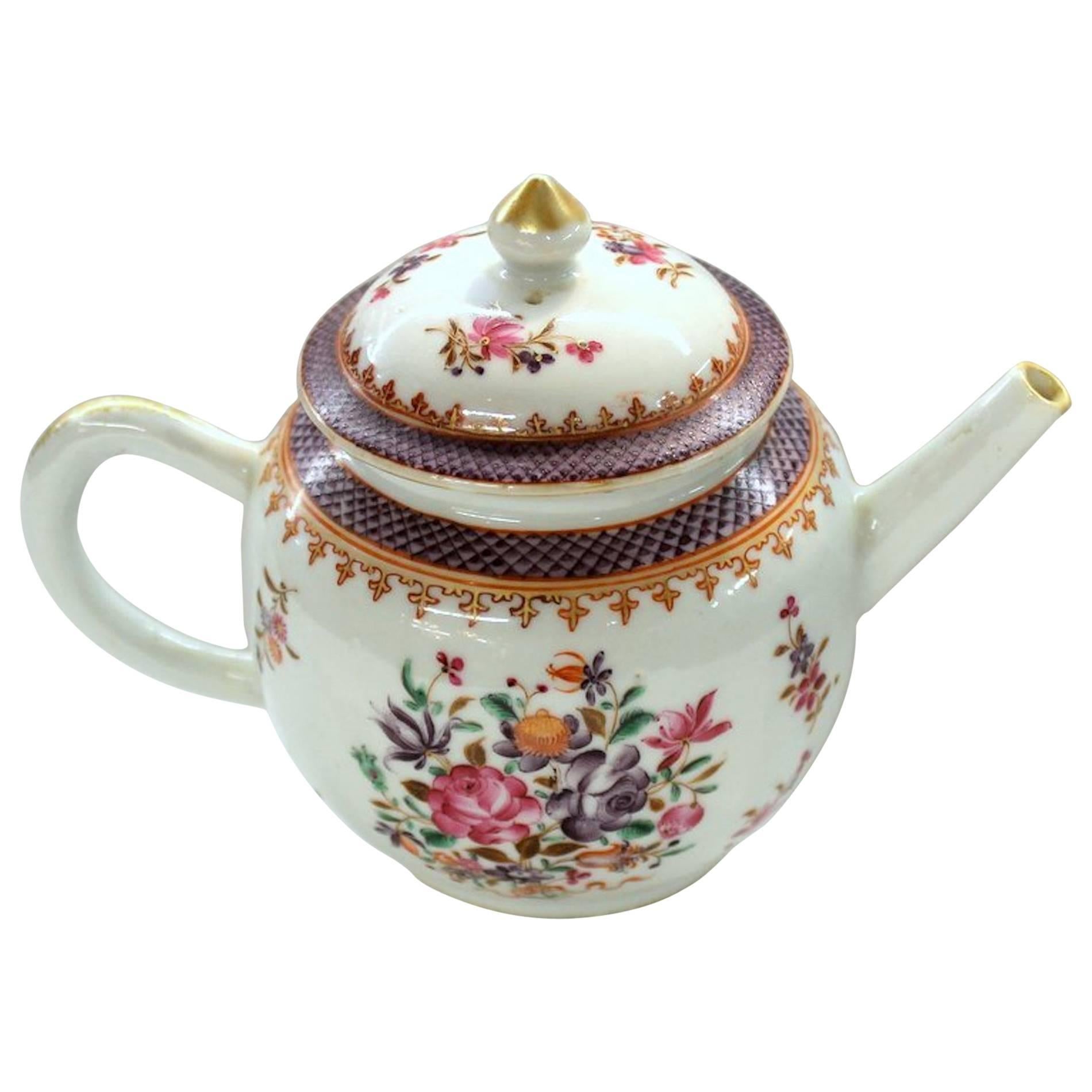 Antique Chinese Export Porcelain Famille Rose Decor Globular Teapot