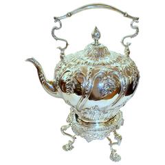 Antique English Hand Chased Sheffield Silver Plate Rococo Style Kettle on Stand