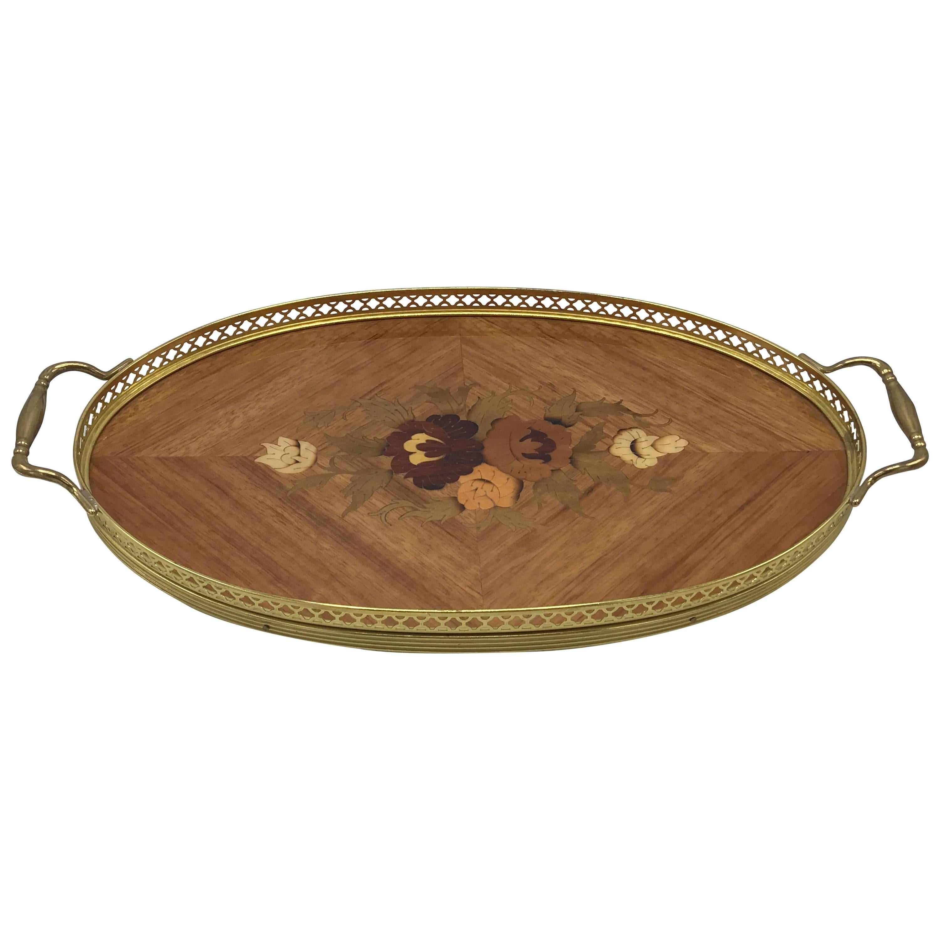 1940s Italian Inlay Lacquered Tray with Brass Handles