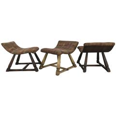 Unusual Set of Three Oak and Fabric Parlor Fireside Stools/Benches, Romweber 8