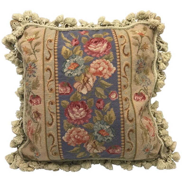 1970s Floral Motif Needlepoint Pillow with Tassel Fringe and Velvet