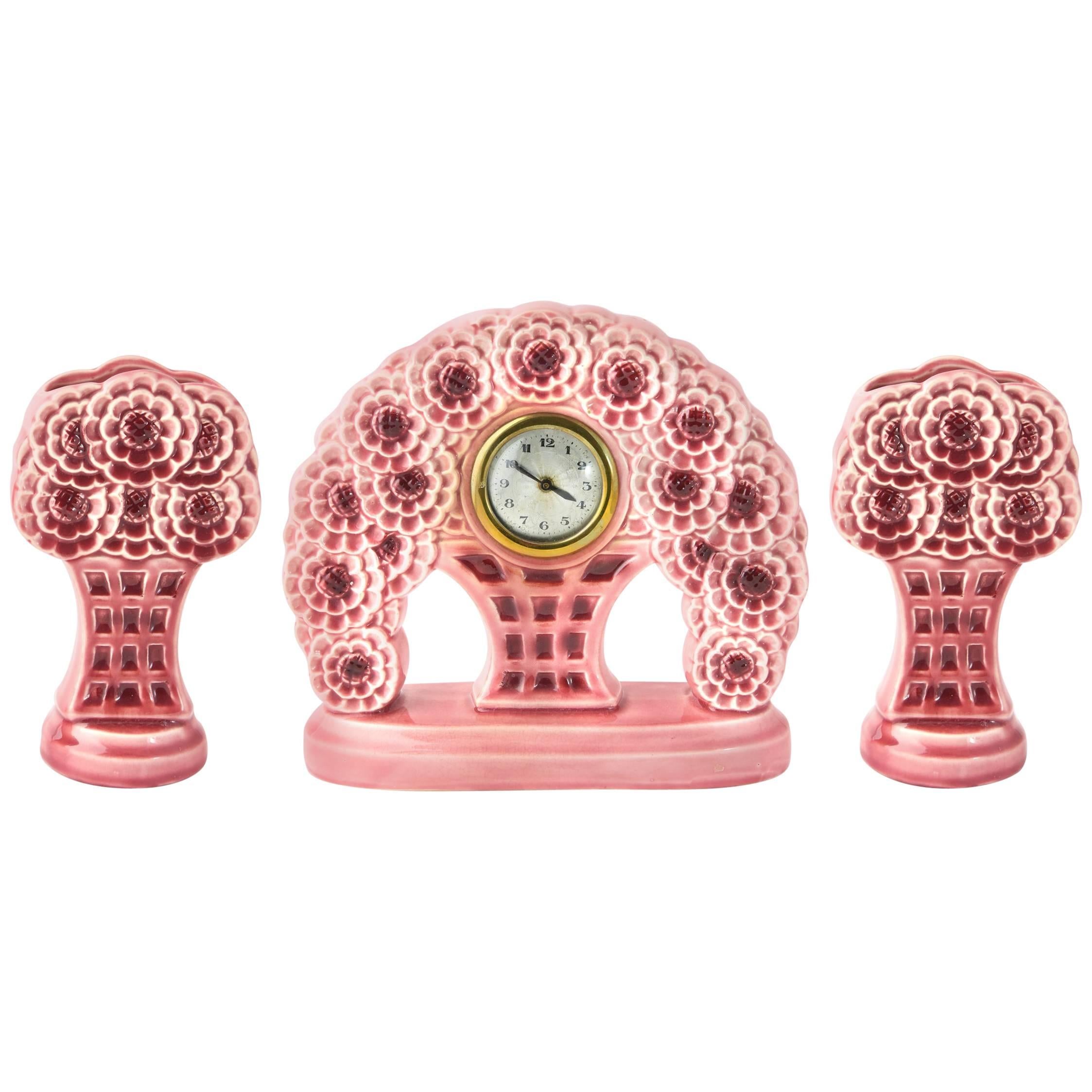French Art Nouveau Majolica Floral Dresser Mantel Clock and Garniture Set For Sale