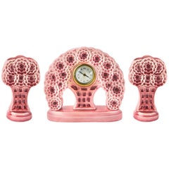 Antique French Art Nouveau Majolica Floral Dresser Mantel Clock and Garniture Set