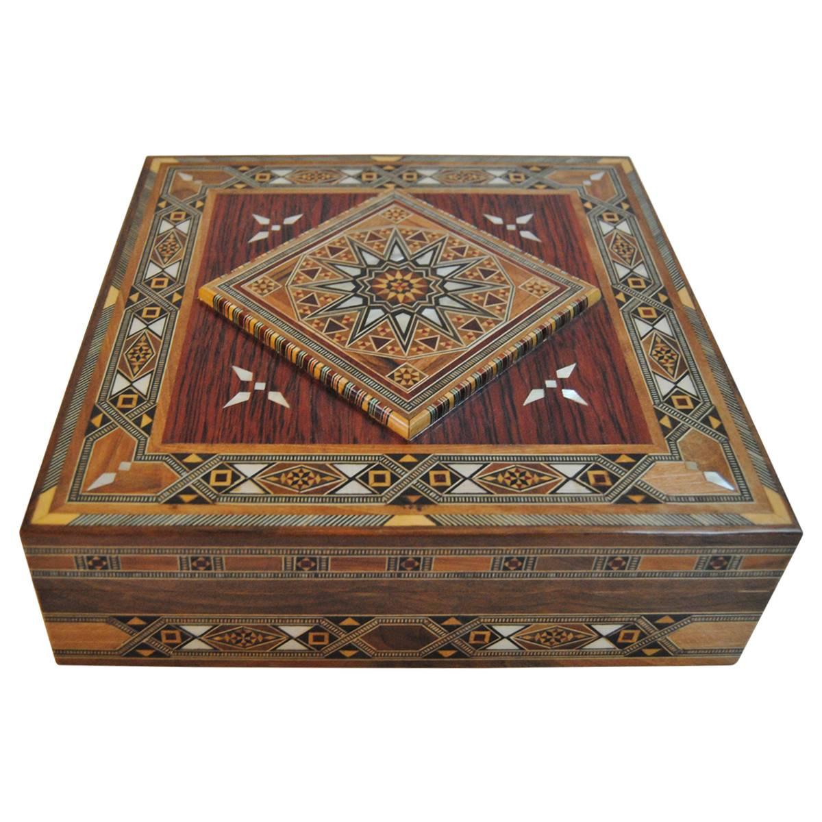 Syrian Walnut Wood Box Inlaid with Mother-of-Pearl, Cream Leather Lining