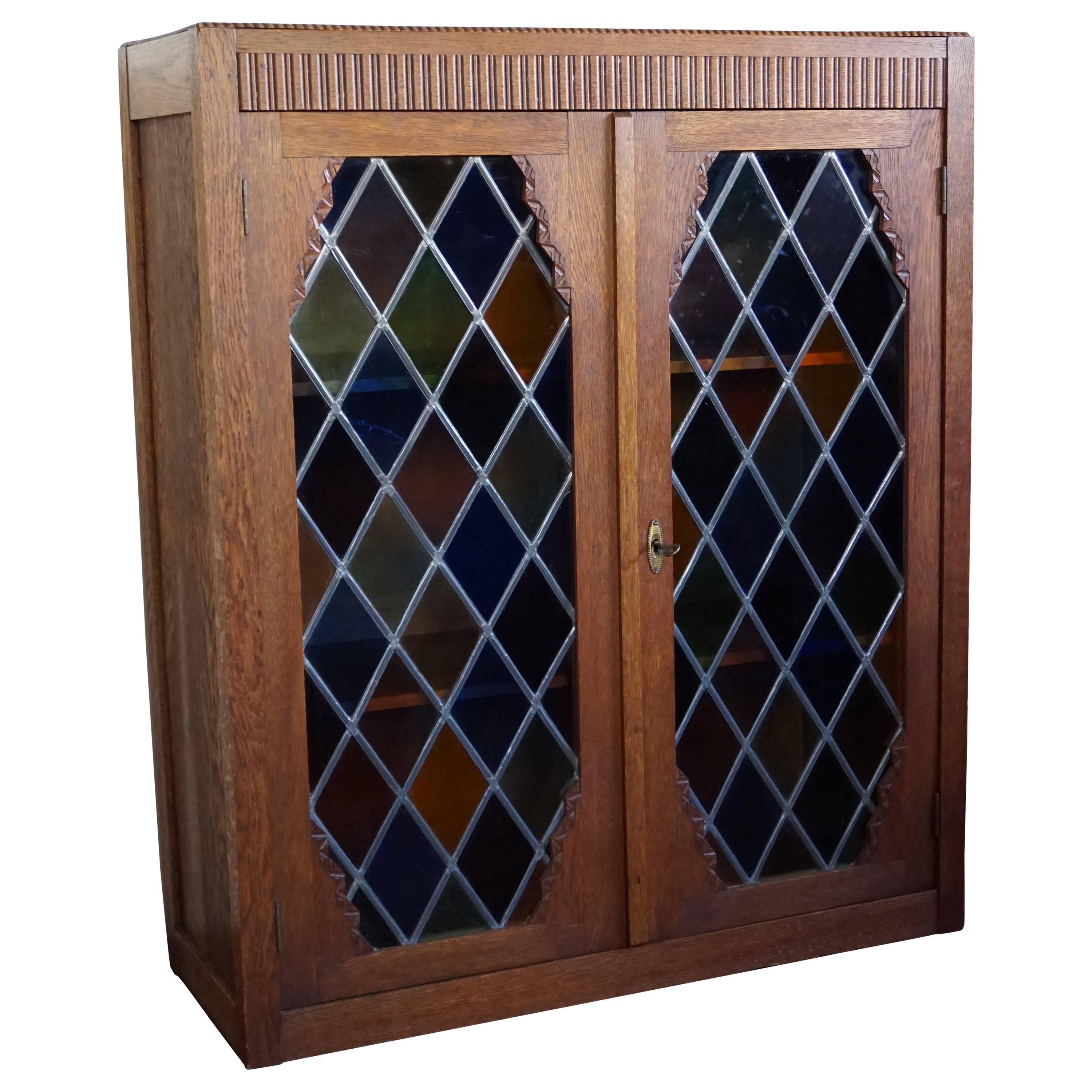 Small Handcrafted Art Deco 1930s Bookcase with Stunning Stained Glass Windows